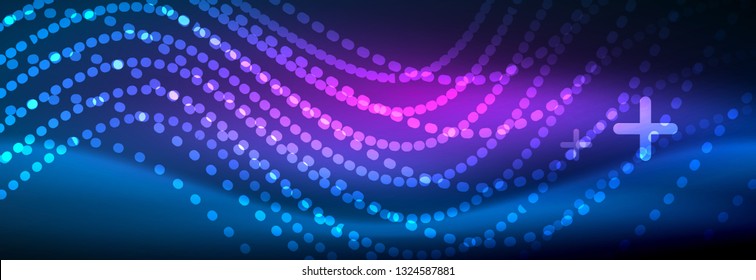 Glowing abstract wave on dark, shiny motion, magic space light. Vector techno abstract background design
