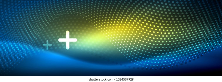 Glowing abstract wave on dark, shiny motion, magic space light. Vector techno abstract background design