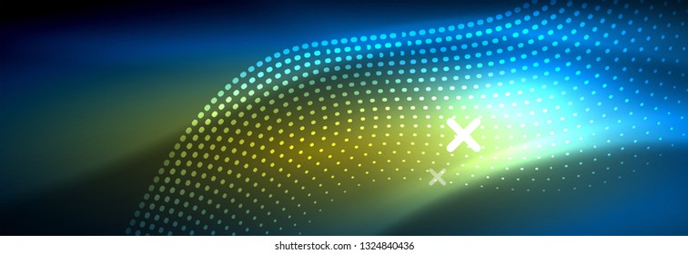 Glowing abstract wave on dark, shiny motion, magic space light. Vector techno abstract background design