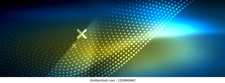 Glowing abstract wave on dark, shiny motion, magic space light. Vector techno abstract background design