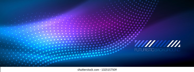 Glowing abstract wave on dark, shiny motion, magic space light. Vector techno abstract background design