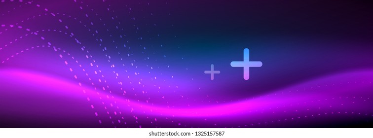 Ola abstracta brillante en movimiento oscuro y brillante, luz espacial mágica. Diseño de fondo abstracto de vector techno