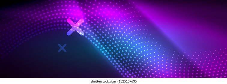 Glowing abstract wave on dark, shiny motion, magic space light. Vector techno abstract background design