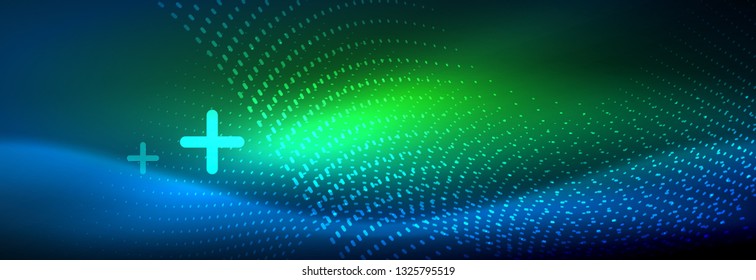 Glowing abstract wave on dark, shiny motion, magic space light. Vector techno abstract background design