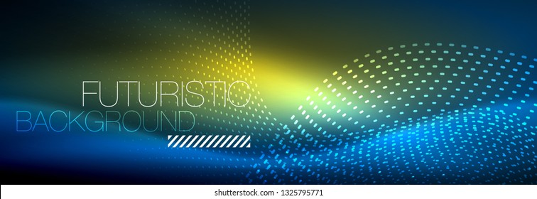 Glowing abstract wave on dark, shiny motion, magic space light. Vector techno abstract background design