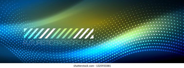 Glowing abstract wave on dark, shiny motion, magic space light. Vector techno abstract background design