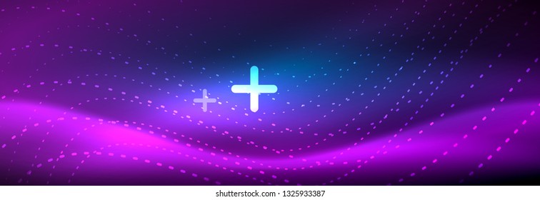 Glowing abstract wave on dark, shiny motion, magic space light. Vector techno abstract background design