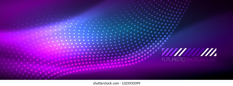 Glowing abstract wave on dark, shiny motion, magic space light. Vector techno abstract background design