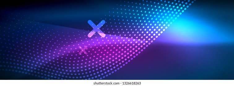Glowing abstract wave on dark, shiny motion, magic space light. Vector techno abstract background design
