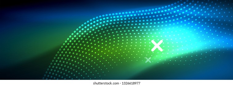 Glowing abstract wave on dark, shiny motion, magic space light. Vector techno abstract background design