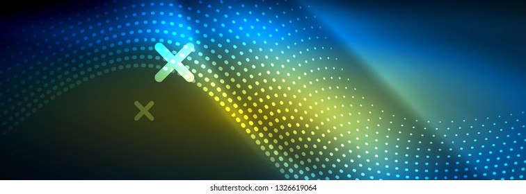 Glowing abstract wave on dark, shiny motion, magic space light. Vector techno abstract background design
