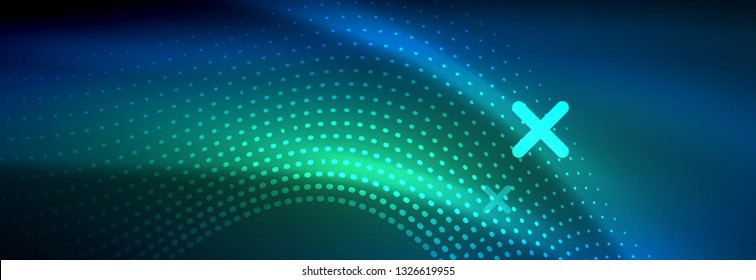 Glowing abstract wave on dark, shiny motion, magic space light. Vector techno abstract background design