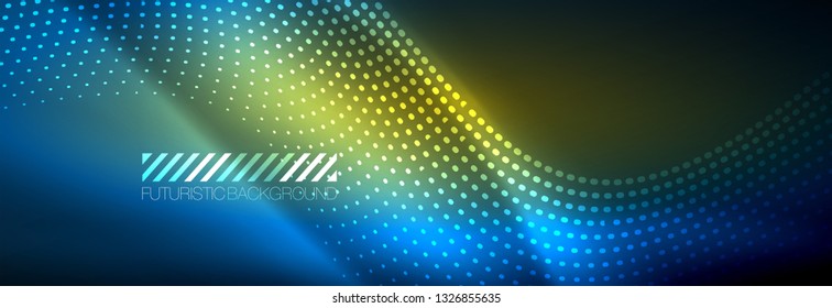 Glowing abstract wave on dark, shiny motion, magic space light. Vector techno abstract background design
