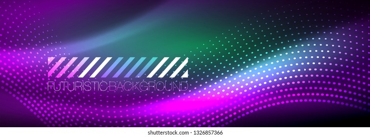 Glowing abstract wave on dark, shiny motion, magic space light. Vector techno abstract background design
