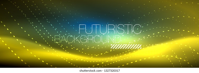 Glowing abstract wave on dark, shiny motion, magic space light. Vector techno abstract background design