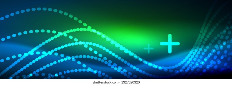 Glowing abstract wave on dark, shiny motion, magic space light. Vector techno abstract background design