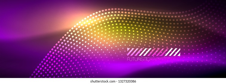 Glowing abstract wave on dark, shiny motion, magic space light. Vector techno abstract background design