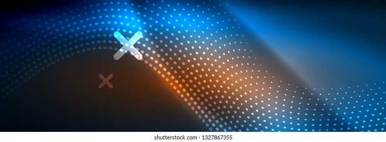 Glowing abstract wave on dark, shiny motion, magic space light. Vector techno abstract background design