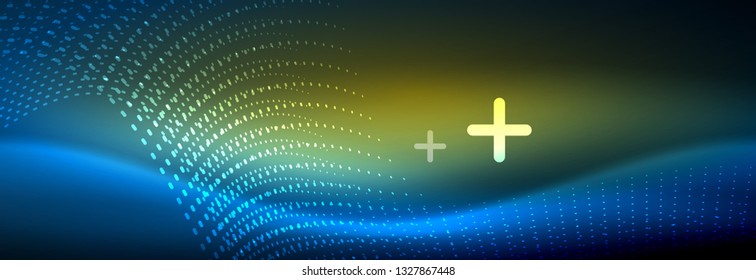 Glowing abstract wave on dark, shiny motion, magic space light. Vector techno abstract background design