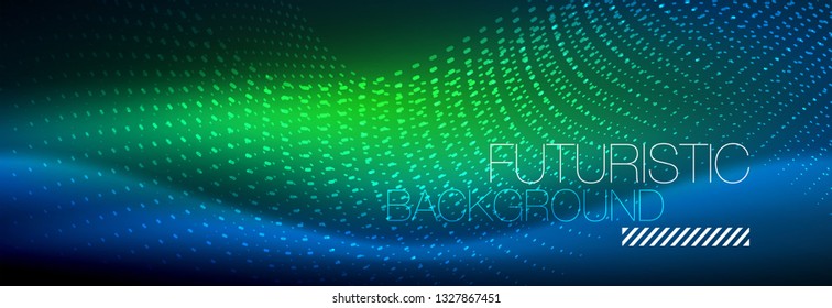 Glowing abstract wave on dark, shiny motion, magic space light. Vector techno abstract background design