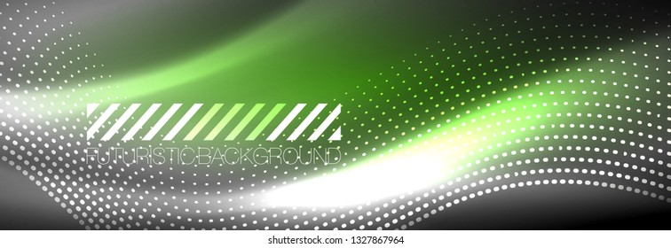 Glowing abstract wave on dark, shiny motion, Christmas and New Year magic space light. Vector techno abstract background