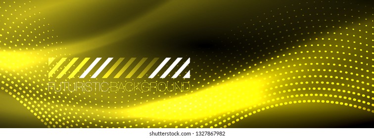 Glowing abstract wave on dark, shiny motion, Christmas and New Year magic space light. Vector techno abstract background