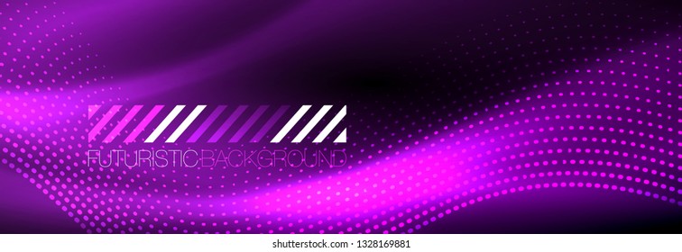Glowing abstract wave on dark, shiny motion, Christmas and New Year magic space light. Vector techno abstract background