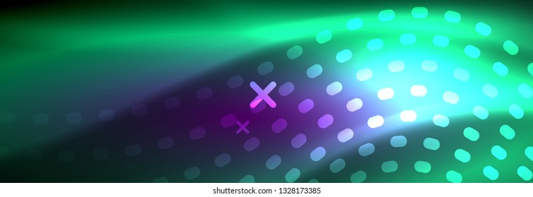 Glowing abstract wave on dark, shiny motion, magic space light. Vector techno abstract background design