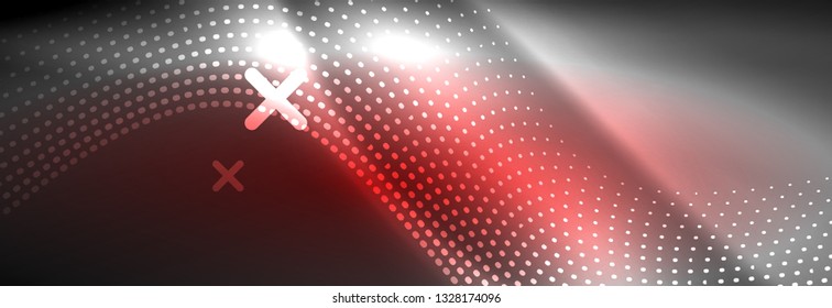 Glowing abstract wave on dark, shiny motion, Christmas and New Year magic space light. Vector techno abstract background