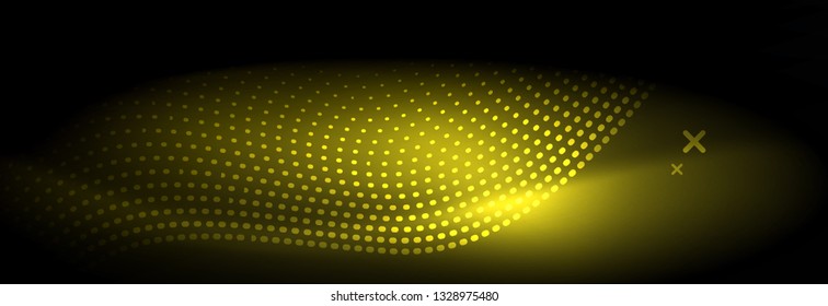 Glowing abstract wave on dark, shiny motion, Christmas and New Year magic space light. Vector techno abstract background