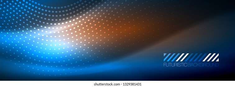 Glowing abstract wave on dark, shiny motion, magic space light. Vector techno abstract background design