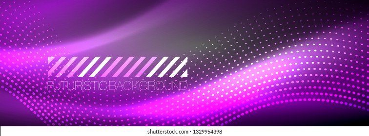 Glowing abstract wave on dark, shiny motion, Christmas and New Year magic space light. Vector techno abstract background