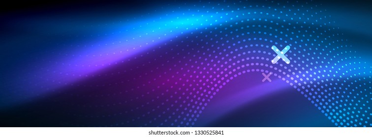 Glowing abstract wave on dark, shiny motion, magic space light. Vector techno abstract background design