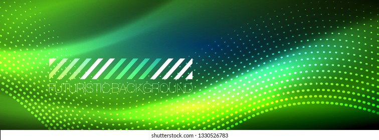 Glowing abstract wave on dark, shiny motion, magic space light. Vector techno abstract background design
