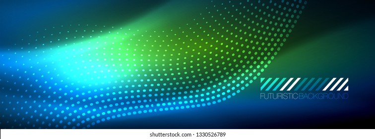 Glowing abstract wave on dark, shiny motion, magic space light. Vector techno abstract background design