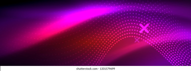 Glowing abstract wave on dark, shiny motion, magic space light. Vector techno abstract background design