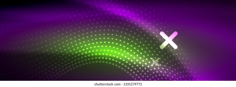 Glowing abstract wave on dark, shiny motion, magic space light. Vector techno abstract background design
