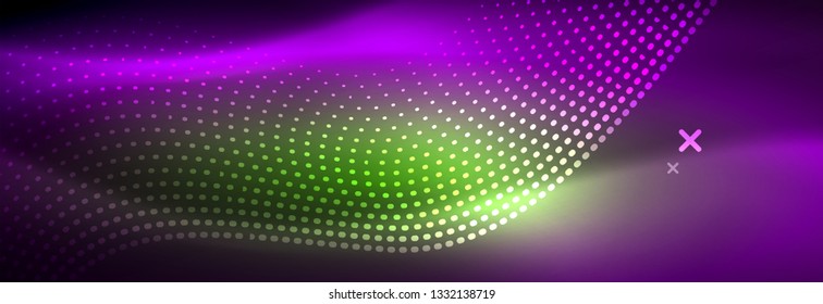 Glowing abstract wave on dark, shiny motion, magic space light. Vector techno abstract background design