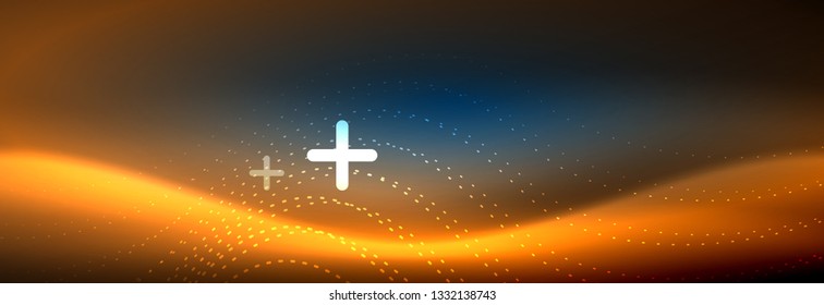Glowing abstract wave on dark, shiny motion, magic space light. Vector techno abstract background design