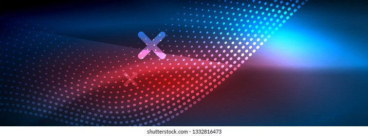 Glowing abstract wave on dark, shiny motion, magic space light. Vector techno abstract background design