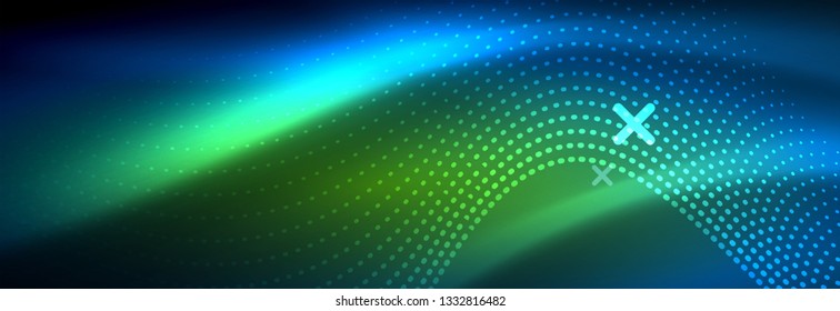 Glowing abstract wave on dark, shiny motion, magic space light. Vector techno abstract background design