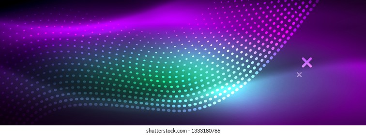 Glowing abstract wave on dark, shiny motion, magic space light. Vector techno abstract background design