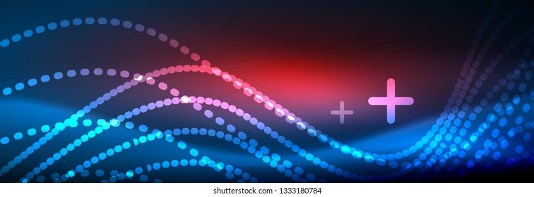 Glowing abstract wave on dark, shiny motion, magic space light. Vector techno abstract background design