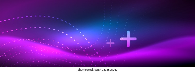 Glowing abstract wave on dark, shiny motion, magic space light. Vector techno abstract background design
