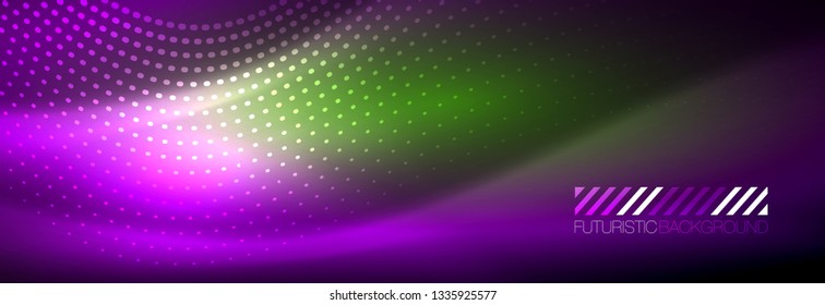 Glowing abstract wave on dark, shiny motion, magic space light. Vector techno abstract background design