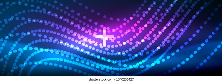 Glowing abstract wave on dark, shiny motion, magic space light. Vector techno abstract background design