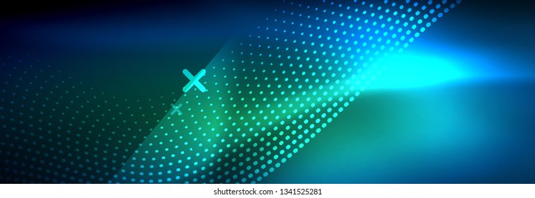 Glowing abstract wave on dark, shiny motion, magic space light. Vector techno abstract background design