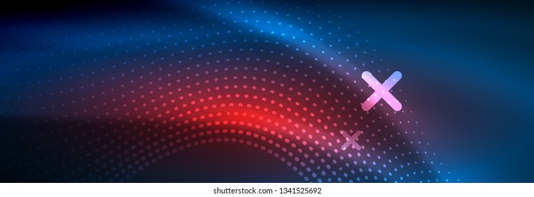 Glowing abstract wave on dark, shiny motion, magic space light. Vector techno abstract background design