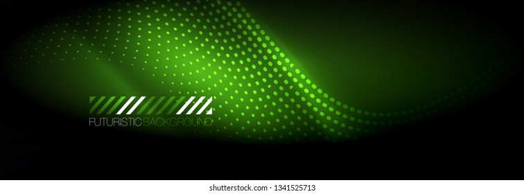Glowing abstract wave on dark, shiny motion, Christmas and New Year magic space light. Vector techno abstract background