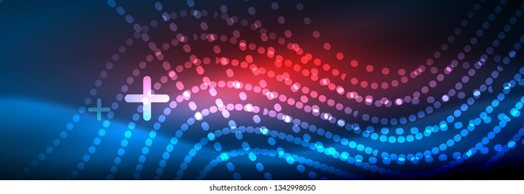 Glowing abstract wave on dark, shiny motion, magic space light. Vector techno abstract background design